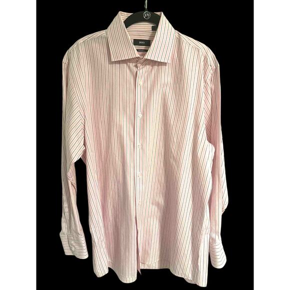 Hugo Boss Men’s Dress Shirt Sz 17 Pink & White Stripe, Regular Fit Long Sleeve - Picture 1 of 3